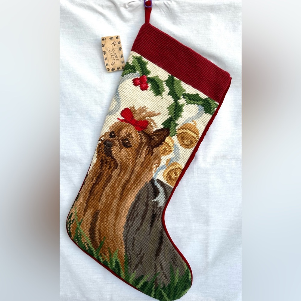Yorkie needlepoint Christmas stocking